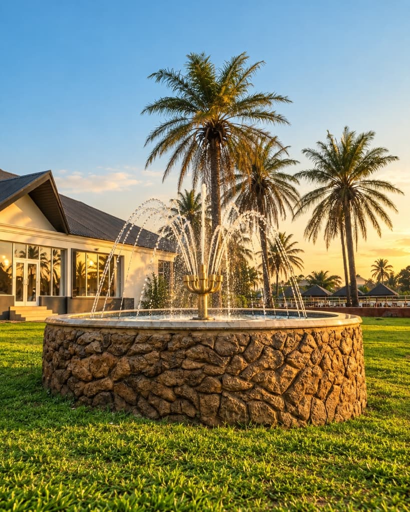 Fountain and palm trees at sunset at Ife Grand Resort
